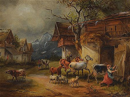 Bringing in the Animals Beofre the Storm by Theodoor Blatterbauer - Auction record, sale price, and art valuation. Compare with similar artists and explore comparable artworks.