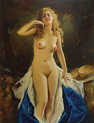Standing Female Nude, smiling at the viewer, in the background the blue dress and the strawhat