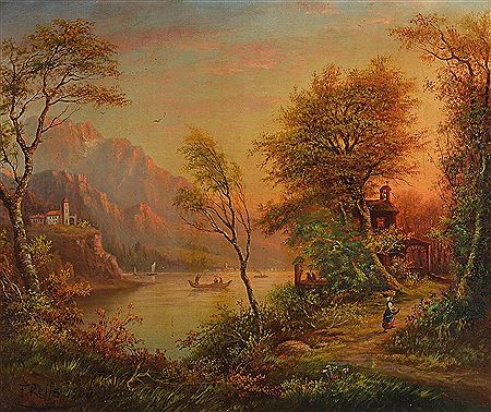 Landscape with river, castle, chapel and brushwood collector, Evening mood by Fritz Reiss - Auction record, sale price, and art valuation. Compare with similar artists and explore comparable artworks.