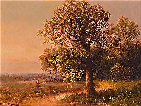 Walker on the Path the the Forest to a Village