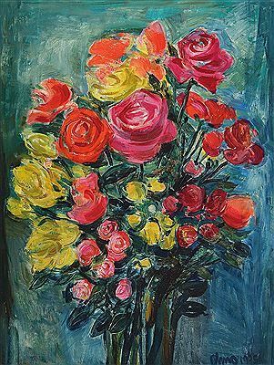 Stillleben mit roten und gelben Rosen