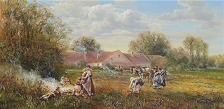 Bauernfamilie am Lagerfeuer vor dem Hof, seitlich Pferdefuhrwerk und erntende Bauern by Anneliese Ladas - Auction record, sale price, and art valuation. Compare with similar artists and explore comparable artworks.