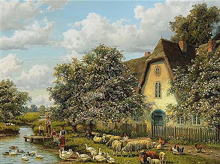 Idyllische Flusslandschaft mit reetgedecktem Haus