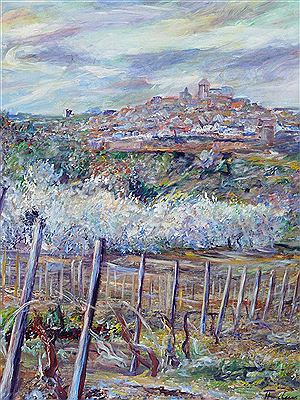 Panorama Landschaft von Neuleiningen in der Mandelblüte, gute tiefe Stafflung, Weinberge und Burgberg