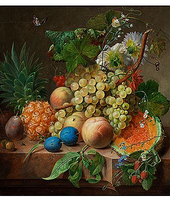 FRUITS STILL LIFE WITH PINEAPPLE AND BUTTERFLIES