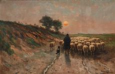 Driving the flock of sheep at sunset by Henri Matthys - Auction record, sale price, and art valuation. Compare with similar artists and explore comparable artworks.