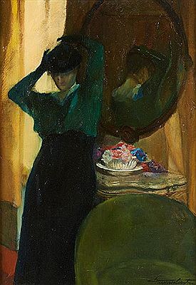 Jeune femme à sa coiffeuse.