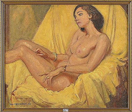 "Nu féminin allongé et au drapé jaune"