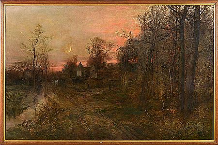 "Paysage boisé à la fermette au clair de lune".