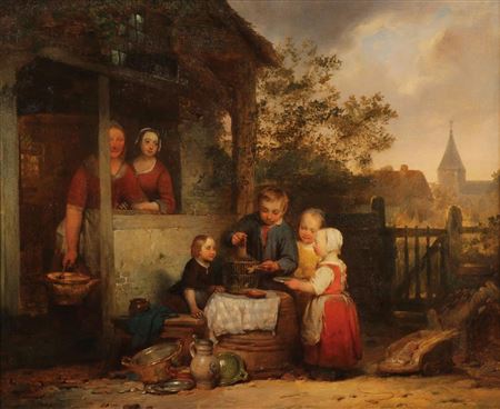 Children Feeding Pet Bird - 1863