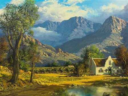 Mountain Landscape with Cape Dutch Cottage by Michael Albertyn - Auction record, sale price, and art valuation. Compare with similar artists and explore comparable artworks.