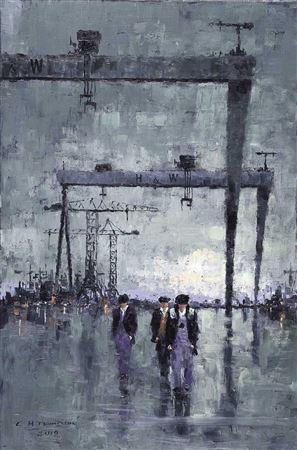 Sample artwork by Colin H Davidson (Born 1961), known for yardmen, cranes, shipyard painting - View similar artists and auction records