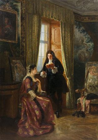 Interieur mit elegantem Paar bei der Lesestunde