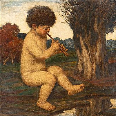 A young boy playing the flute