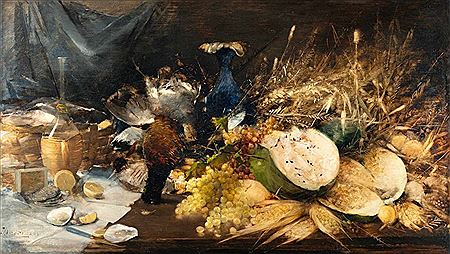 Still life with a bottle of wine, oysters and a melon