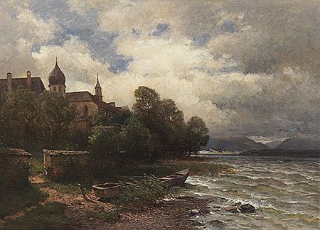 Stürmischer Chiemsee mit Kloster Frauenwörth, Um 1900