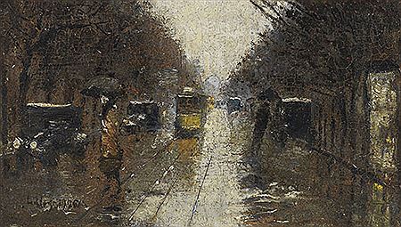 Straßenszene bei Regen, Berlin, 1926.