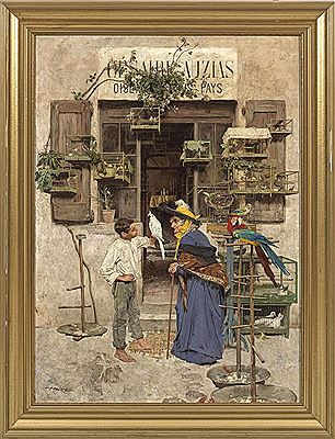 Old lady visiting the young bird dealer