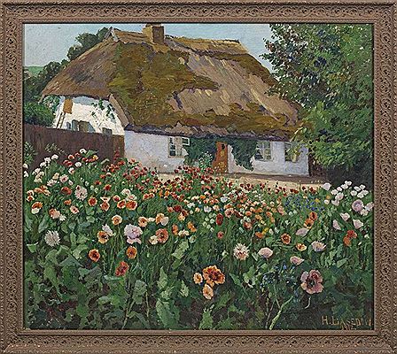North German landscape with old house and poppy flower meadow