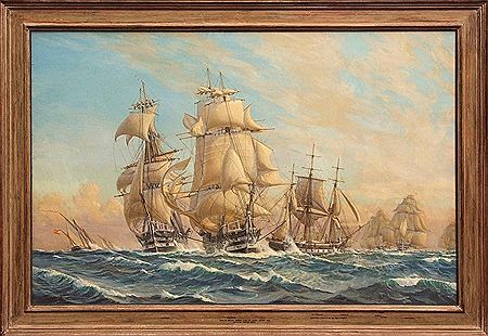 "The Channel Fleet in a sailing trial off Lisbon, August 1847" by Harold Wyllie - Auction record, sale price, and art valuation. Compare with similar artists and explore comparable artworks.