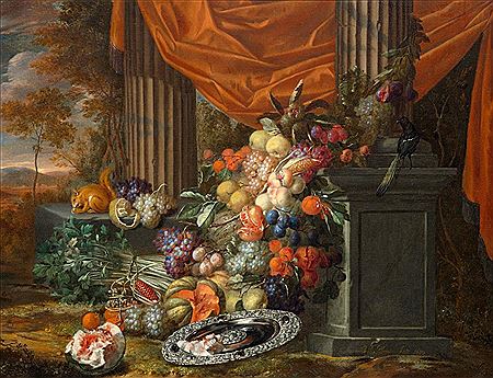 Still life of fruits before a landscape. 1683