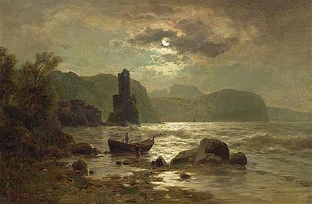 Fishermen on the coast in the moonlight