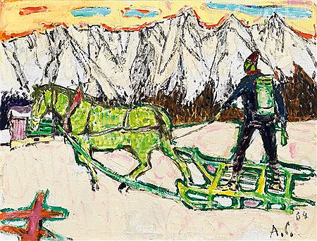Farmer with horse drawn sledge in a winter landscape. 1964.