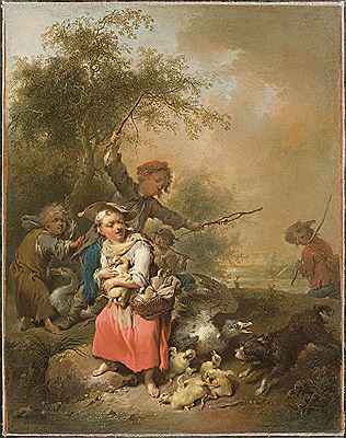 Peasant children with ducks and geese before a landscape with trees.