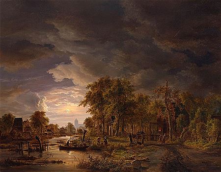 Village by a river in the moonlight