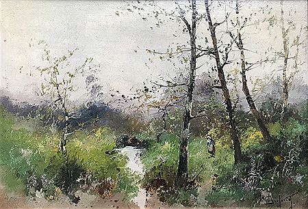 Paysanne au bord d'un ruisseau