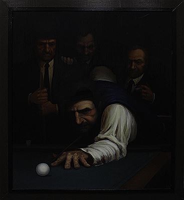 FOUR MEN AT BILLARDS TABLE