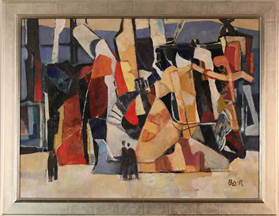 FIGURES IN FRONT OF ABSTRACT MURAL