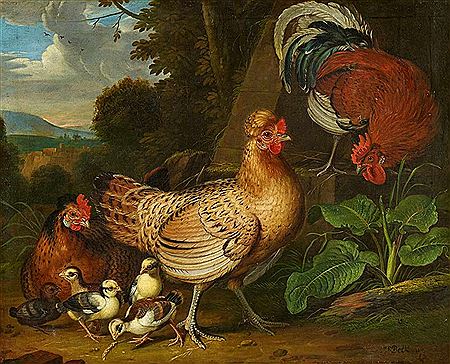 Rooster with Two Hens and Chicks