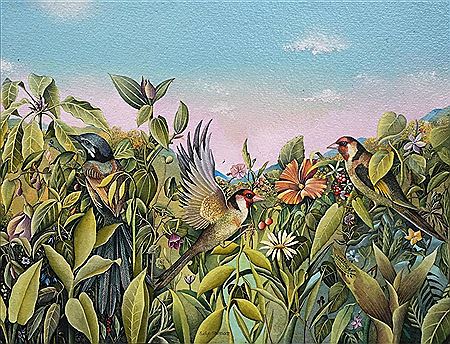 Finches and Wren Garden by Evelyn Steinmann - Auction record, sale price, and art valuation. Compare with similar artists and explore comparable artworks.