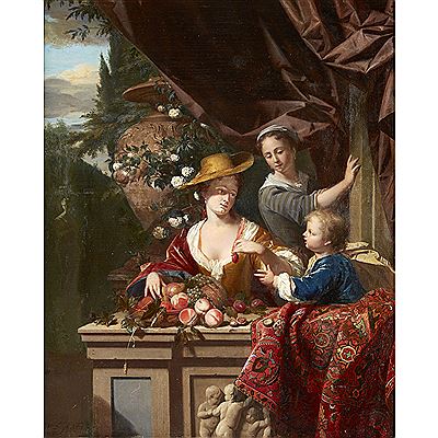ELEGANT FIGURES ON A TERRACE WITH BOWL OF ASSORTED FRUIT by Phillip van Dijk - Auction record, sale price, and art valuation. Compare with similar artists and explore comparable artworks.