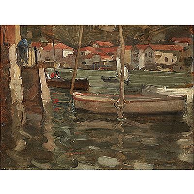 ROWING BOATS BY A HARBOUR QUAY, CONCARNEAU