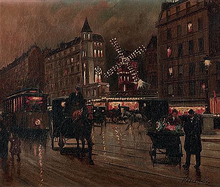 Le Moulin Rouge, la place Blanche animée, de nuit