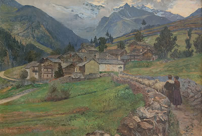 Figures towards the mountain village