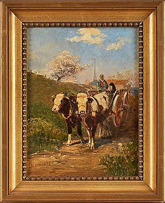 "Farmer with his dog on a harvest carts"