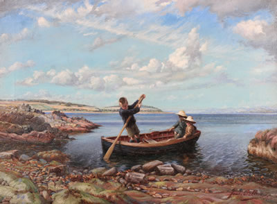 Coastal scene with children in a rowing boat by James Wallace - Auction record, sale price, and art valuation. Compare with similar artists and explore comparable artworks.