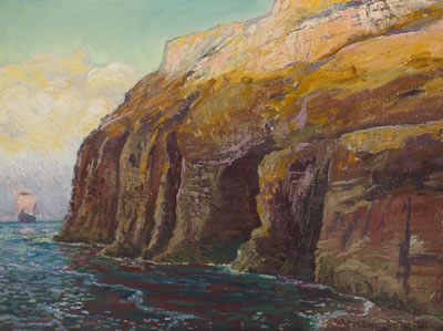 "Catalina cliffs with boat, 1932