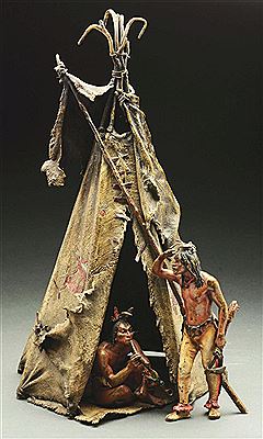 Tipi decorated with hunting scenes, a Native American at the entrance, and a second figure within