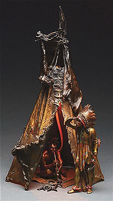Tipi decorated with hunting scenes: A Native American chief at the entrance, a second figure crouched and smoking a pipe by a fire