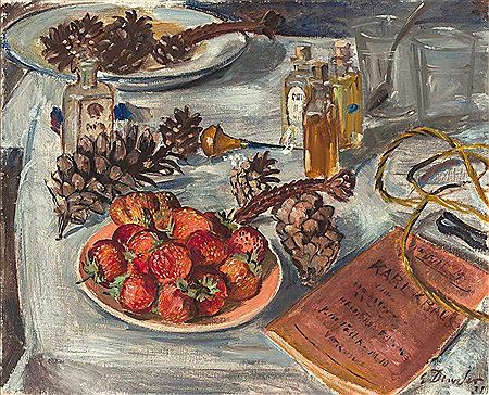 Stilleben mit Erdbeeren, Tannenzapfen, versch. kleinen Flaschen und einem Buch von Karl Kraus