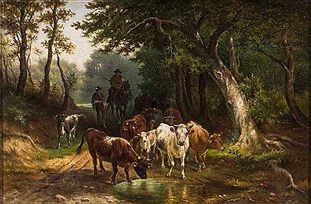 Waldlandschaft mit Kühen an der Tränke