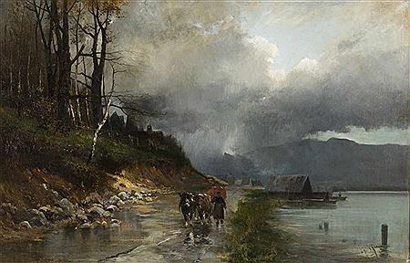 Bäuerin mit zwei Ochsen auf dem Weg am Ufer eines Sees. Stimmungsvolle Schilderung bei abziehendem Gewitter by Heinrich Richard Reder - Auction record, sale price, and art valuation. Compare with similar artists and explore comparable artworks.