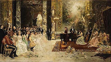 Meisterliche Darstellung eines Konzertes in einem fürstlichen Palais mit zahlreichem hochherrschaftlichem Publikum