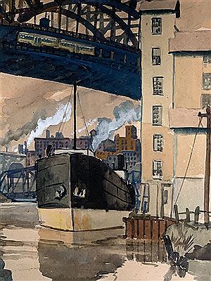 Detroit Superior Bridge with Street Car, Freighter in Cuyahoga River