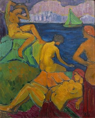 Four bathing female nudes