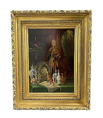 A curious cat atop a tabletop of porcelains alarming what appears to be a parrot perched atop a chandelier